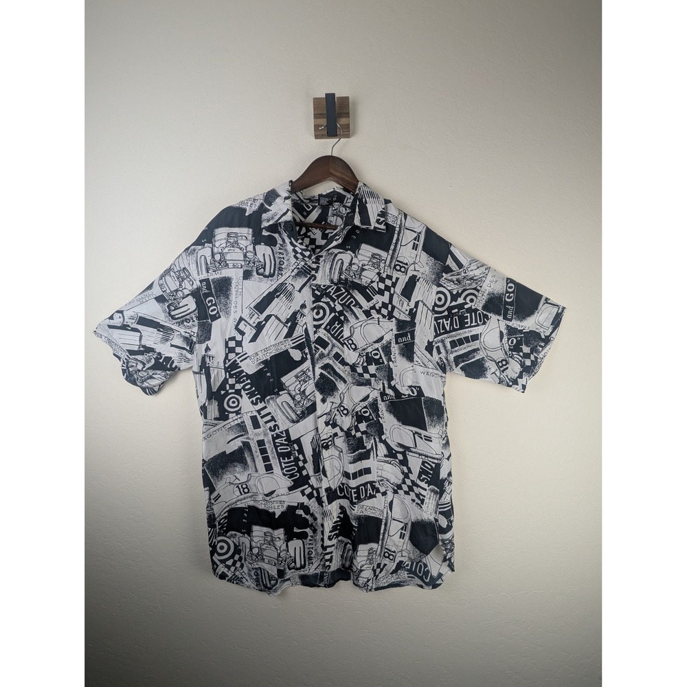 Silk Club Mens Vintage 100% Silk Race Car Graphic Button Down Shirt Black White